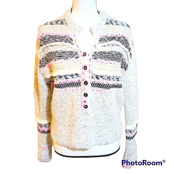 FREE PEOPLE COLOR POP HENLEY PULLOVER SWEATER SZ S EMBROIDERY FRINGE TRIM BOHO - Picture 4 of 15
